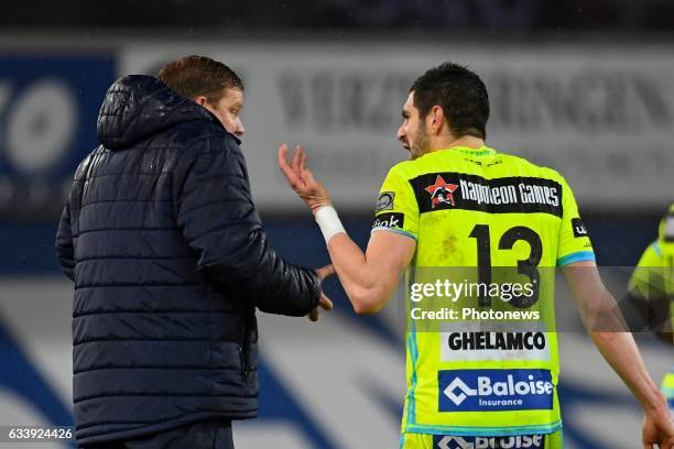 Hein Vanhaezebrouck Headcoach of KAA Gent, Stefan Mitrovic defender of KAA Gent during the Jupiler Pro League match between SV Zulte Waregem and KAA...