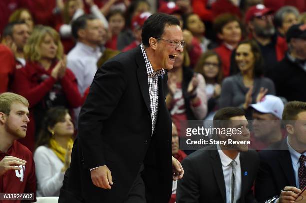 Head coach Tom Crean of the Indiana Hoosiers reacts to a play during a game against the Wisconsin Badgers at the Kohl Center on February 5, 2017 in...