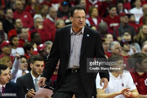 Head coach Tom Crean of the Indiana Hoosiers reacts to a play during a game against the Wisconsin Badgers at the Kohl Center on February 5, 2017 in...