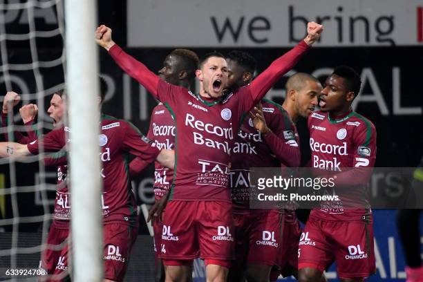 Henrik Dalsgaard defender of SV Zulte Waregem celebrates scoring a goal with teammates during the Jupiler Pro League match between SV Zulte Waregem...