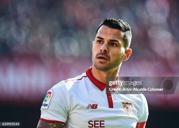 Victor Machin Perez "Vitolo" of Sevilla FC looks on during the La Liga match between Sevilla FC and Villarreal CF at Estadio Ramon Sanchez Pizjuan on...