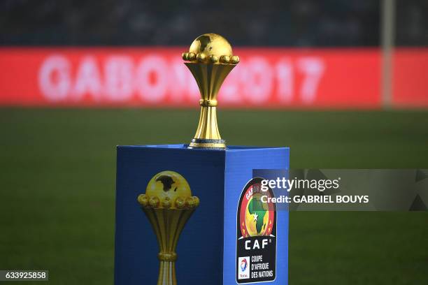 The winner's trophy is put on display during the 2017 Africa Cup of Nations final football match between Egypt and Cameroon at the Stade de l'Amitie...