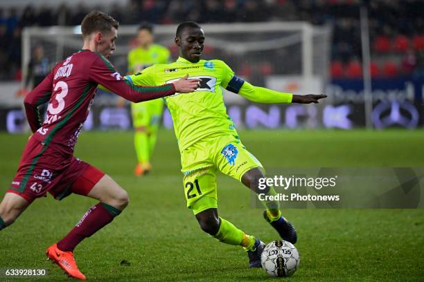 Sander Coopman midfielder of SV Zulte Waregem, Nana Asare defender of KAA Gent during the Jupiler Pro League match between SV Zulte Waregem and KAA...