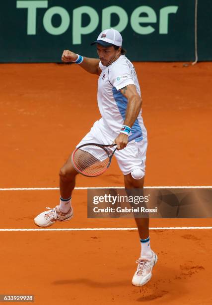 Carlos Berlocq of Argentina celebrates after wining a point during a singles match between Carlos Berlocq and Paolo Lorenzi as part of day 3 of the...