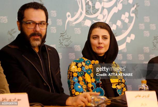 Iranian actress Leila Hatami and Koorosh Tahami attend a discussion during the 35th edition of the Fajr Film Festival at Milad Tower in Tehran on...