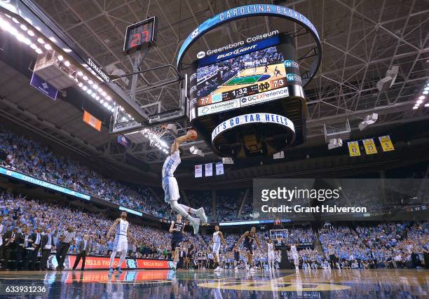 Justin Jackson of the North Carolina Tar Heels drives in for a dunk against the Notre Dame Fighting Irish during the game at the Greensboro Coliseum...