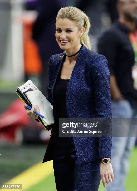 Fox Sports sideline reporter Erin Andrews reacts prior to Super Bowl 51 between the New England Patriots and the Atlanta Falcons at NRG Stadium on...