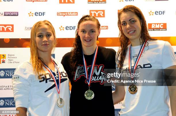Katinka Hosszu of Hungary winner of women's 400 m freestyle, Alizee Morel of France and Francesca Cristetti of Italy during the Meeting of Nice,...