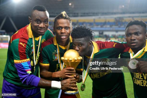 CLinton Njie of Cameroon celebrates the victory during the African Nations Cup Final match between Cameroon and Egypt at Stade de L'Amitie on...