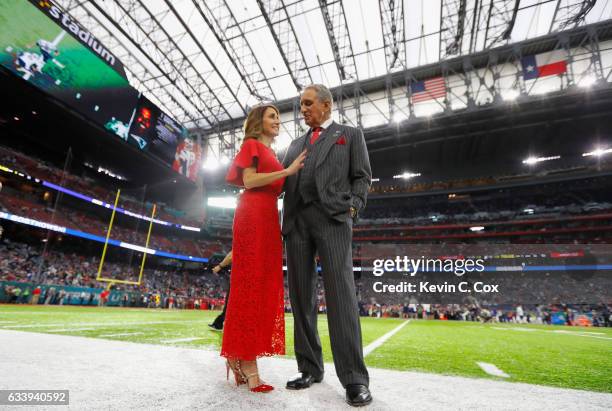 Angela Macuga and Atlanta Falcons owner Arthur Blank look on prior to Super Bowl 51 against the New England Patriots at NRG Stadium on February 5,...