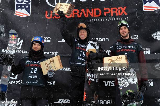 Louie Vito in third place, Shaun White in first place and Ryan Wachendorfer in second place in the final round of the of the FIS Snowboard World Cup...