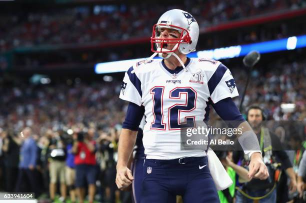 Tom Brady of the New England Patriots takes the field prior to Super Bowl 51 against the Atlanta Falcons at NRG Stadium on February 5, 2017 in...