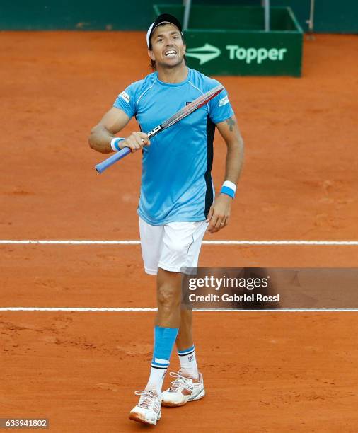 Carlos Berlocq of Argentina celebrates after wining the singles match between Carlos Berlocq and Paolo Lorenzi as part of day 3 of the Davis Cup 1st...