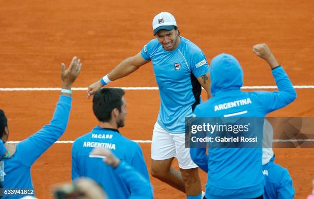 Carlos Berlocq of Argentina celebrates after wining the singles match between Carlos Berlocq and Paolo Lorenzi as part of day 3 of the Davis Cup 1st...