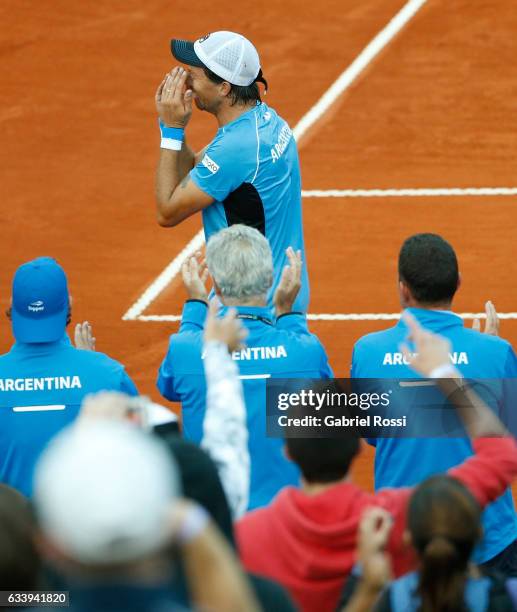 Carlos Berlocq of Argentina celebrates after wining the singles match between Carlos Berlocq and Paolo Lorenzi as part of day 3 of the Davis Cup 1st...