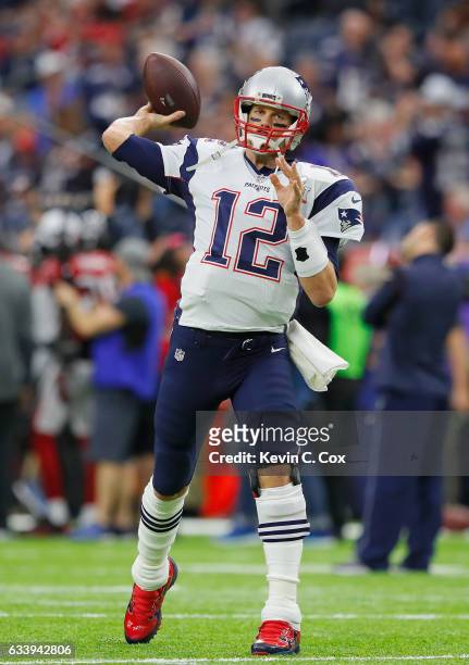 Tom Brady of the New England Patriots warms up prior to Super Bowl 51 against the Atlanta Falcons at NRG Stadium on February 5, 2017 in Houston,...