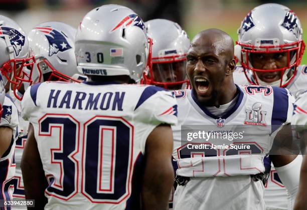 Devin McCourty of the New England Patriots reacts with teammates prior to Super Bowl 51 against the Atlanta Falcons at NRG Stadium on February 5,...