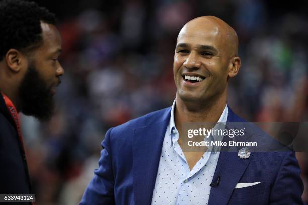 Pro Football Hall of Fame inductee Jason Taylor looks on prior to Super Bowl 51 between the New England Patriots and the Atlanta Falcons at NRG...