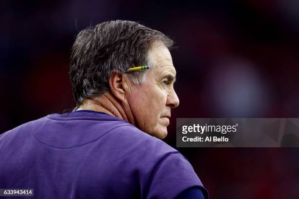 Head coach Bill Belichick of the New England Patriots looks on during warm-ups prior to Super Bowl 51 against the Atlanta Falcons at NRG Stadium on...