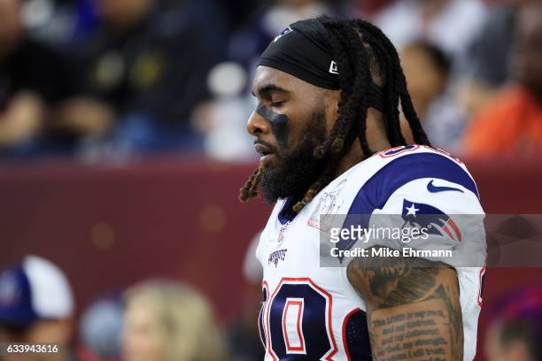Brandon Bolden of the New England Patriots reacts prior to Super Bowl 51 against the Atlanta Falcons at NRG Stadium on February 5, 2017 in Houston,...