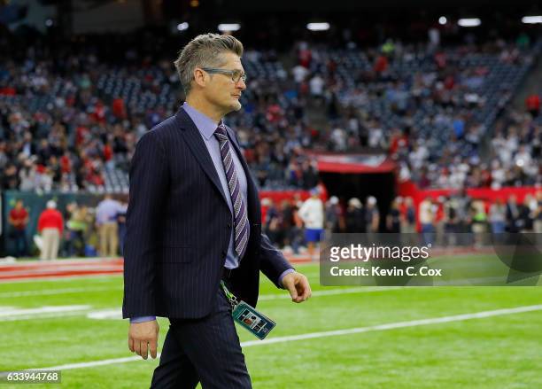 Atlanta Falcons general manager Thomas Dimitroff looks on during warm ups prior to Super Bowl 51 against the New England Patriots at NRG Stadium on...