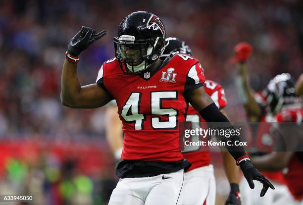 Deion Jones of the Atlanta Falcons reacts to a play in the first quarter during Super Bowl 51 against the New England Patriots at NRG Stadium on...