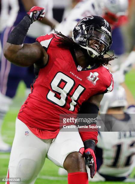 Courtney Upshaw of the Atlanta Falcons reacts after a sack on New England Patriots in the first quarter during Super Bowl 51 at NRG Stadium on...