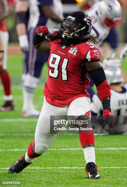 Courtney Upshaw of the Atlanta Falcons reacts after a sack on New England Patriots in the first quarter during Super Bowl 51 at NRG Stadium on...