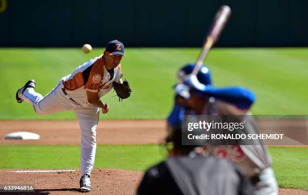 Pitcher Raul Rivero of Aguilas del Zulia of Venezuela throws against Tigres del Licey of the Dominican Republic during the Caribbean Baseball Series...