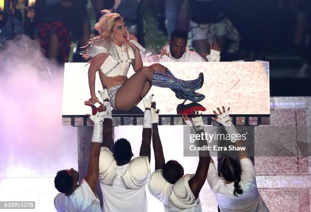 Lady Gaga performs during the Pepsi Zero Sugar Super Bowl 51 Halftime Show at NRG Stadium on February 5, 2017 in Houston, Texas.