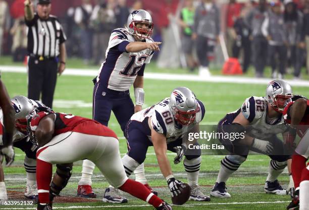 Tom Brady of the New England Patriots gestures before the snap in the third quarter against the Atlanta Falcons during Super Bowl 51 at NRG Stadium...