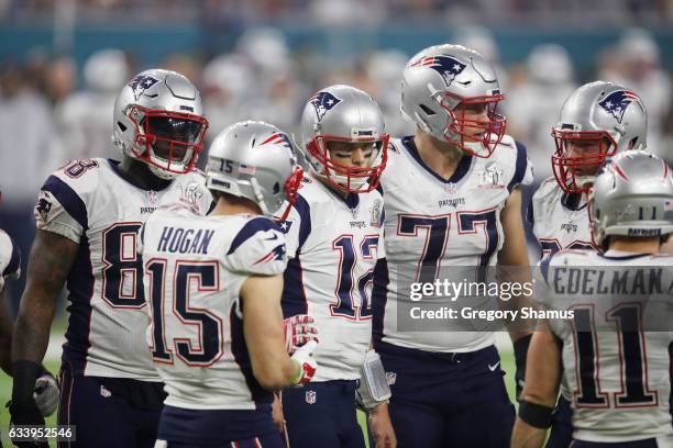 Tom Brady of the New England Patriots huddles with his team during the fourth quarter against the Atlanta Falcons during Super Bowl 51 at NRG Stadium...