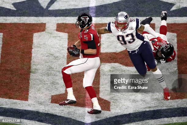 Jabaal Sheard of the New England Patriots tackles Matt Ryan of the Atlanta Falcons during the third quarter during Super Bowl 51 at NRG Stadium on...