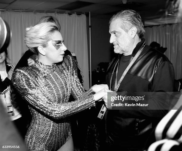 Musician Lady Gaga and Joe Germanotta backstage before the Pepsi Zero Sugar Super Bowl LI Halftime Show at NRG Stadium on February 5, 2017 in...