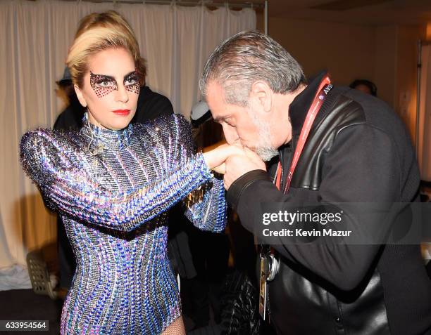 Musician Lady Gaga and Joe Germanotta backstage before the Pepsi Zero Sugar Super Bowl LI Halftime Show at NRG Stadium on February 5, 2017 in...