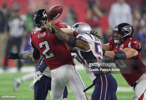 Dont'a Hightower of the New England Patriots forces a fumble from Matt Ryan of the Atlanta Falcons during the fourth quarter during Super Bowl 51 at...