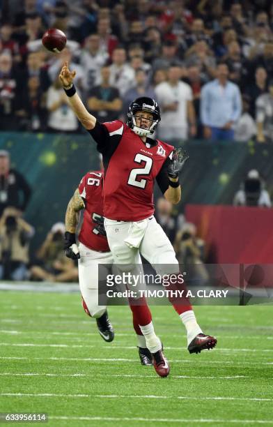 Matt Ryan of the Atlanta Falcons attempts a pass against the New England Patriots during the fourth quarter of the Super Bowl 51 at NRG Stadium on...