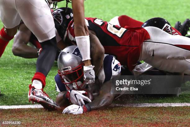 James White of the New England Patriots scores the game winning touchdown in overtime against the Atlanta Falcons during Super Bowl 51 at NRG Stadium...