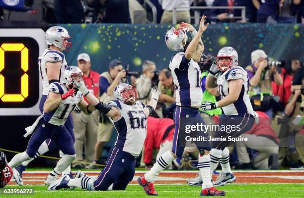 Tom Brady of the New England Patriots reacts after defeating the Atlanta Falcons 34-28 in overtime during Super Bowl 51 at NRG Stadium on February 5,...