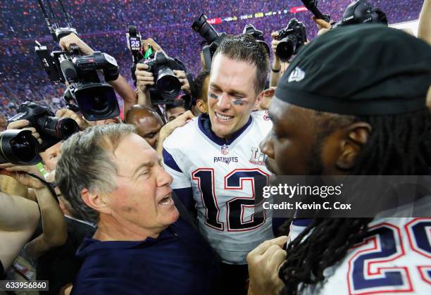 Head coach Bill Belichick, Tom Brady and LeGarrette Blount of the New England Patriots celebrate after defeating the Atlanta Falcons during Super...