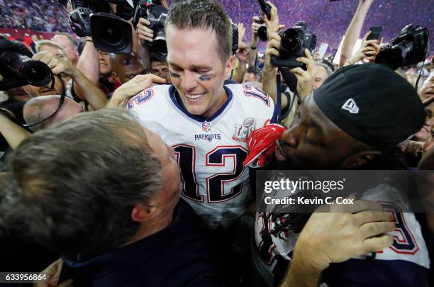Head coach Bill Belichick, Tom Brady and LeGarrette Blount of the New England Patriots celebrate after defeating the Atlanta Falcons during Super...
