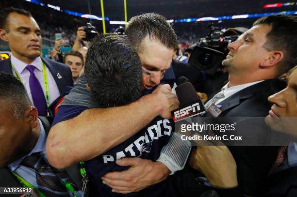 Tom Brady of the New England Patriots celebrates after the Patriots defeat the Atlanta Falcons 34-28 in Super Bowl 51 at NRG Stadium on February 5,...