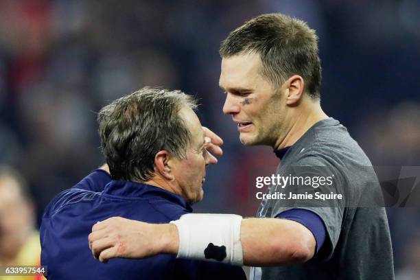 Head coach Bill Belichick of the New England Patriots and Tom Brady celebrate after winning 34-28 over the Atlanta Falcons in Super Bowl 51 at NRG...