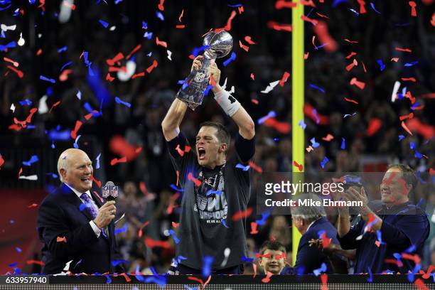 Tom Brady of the New England Patriots holds the Vince Lombardi Trophy after defeating the Atlanta Falcons 34-28 during Super Bowl 51 at NRG Stadium...