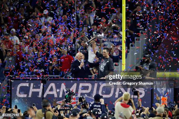 Tom Brady of the New England Patriots holds the Vince Lombardi Trophy after defeating the Atlanta Falcons 34-28 during Super Bowl 51 at NRG Stadium...