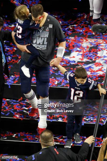 Tom Brady of the New England Patriots celebrates after winning Super Bowl 51 against the Atlanta Falcons at NRG Stadium on February 5, 2017 in...