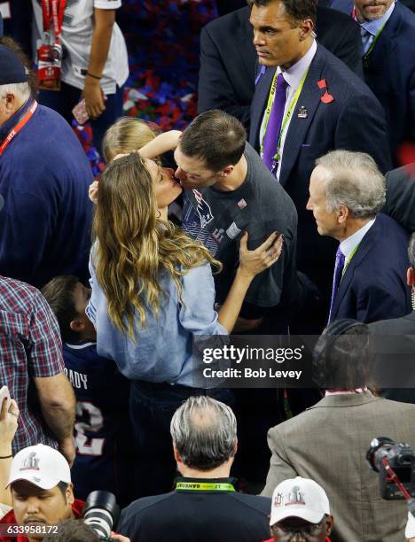 Tom Brady of the New England Patriots celebrates with his wife Gisele Bundchen after winning Super Bowl 51 against the Atlanta Falcons at NRG Stadium...