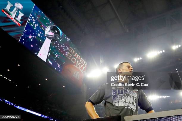 Tom Brady of the New England Patriots looks on after defeating the Atlanta Falcons 34-28 in overtime of Super Bowl 51 at NRG Stadium on February 5,...