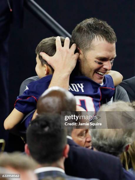 Tom Brady of the New England Patriots celebrates after defeating the Atlanta Falcons 34-28 in overtime during Super Bowl 51 at NRG Stadium on...