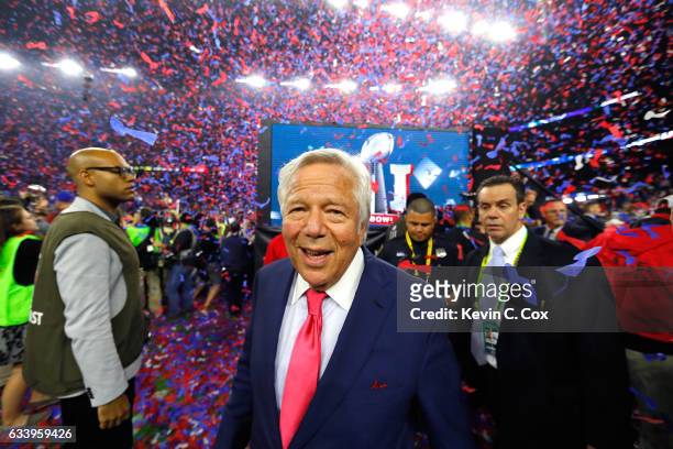 Owner of the New England Patriots Robert Kraft celebrates after the Patriots defeat the Atlanta Falcons 34-28 during Super Bowl 51 at NRG Stadium on...